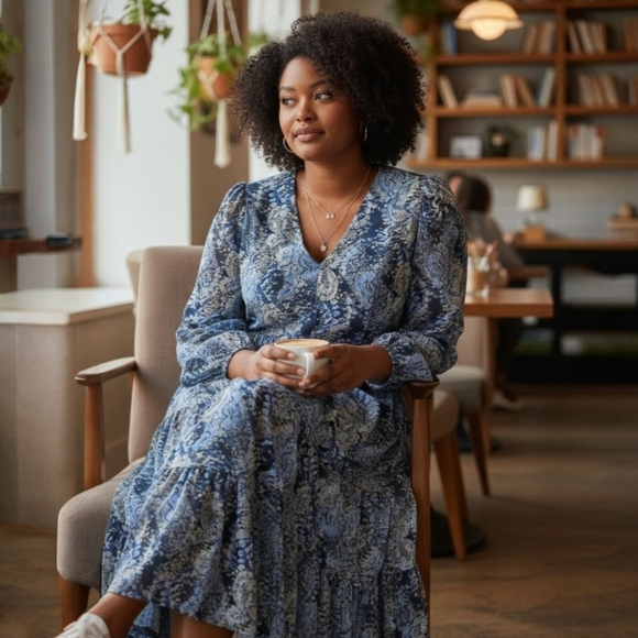 Joie Parisian Paisley Boho Chic Long Sleeve Maxi Dress Blue High Low Hem Lined - Picture 17 of 17